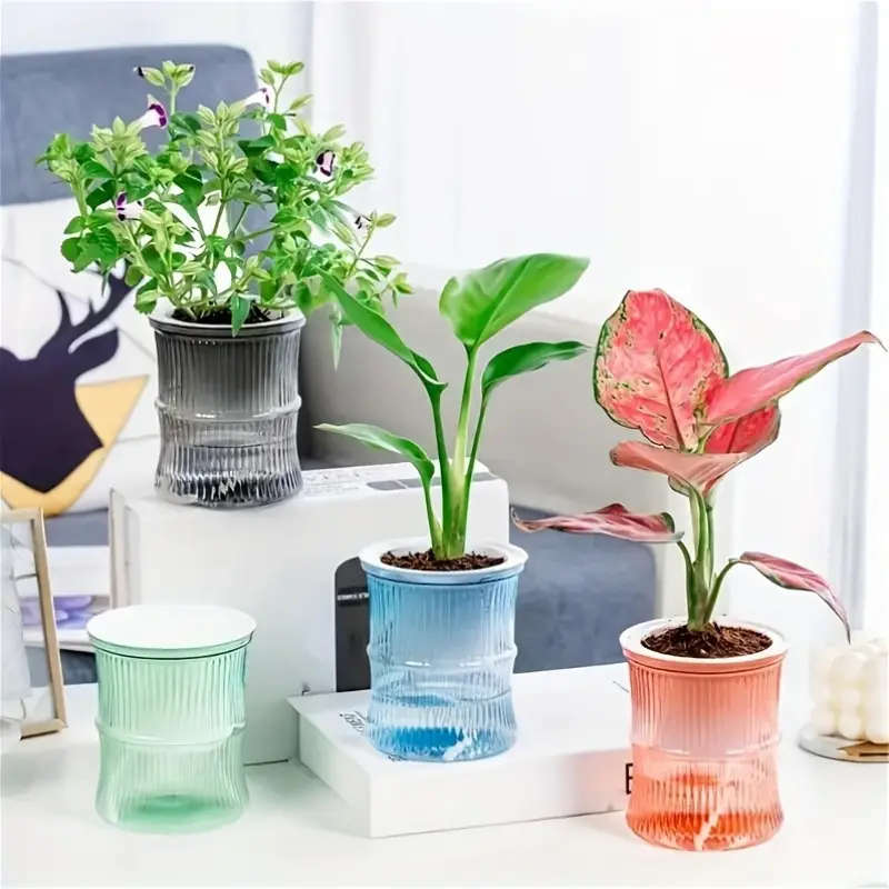 4-Pack Of Modern Self-Watering Plastic Bamboo Flower Pots Multicolour