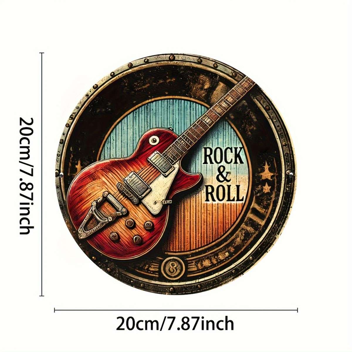 2D Flat Vintage Rock Roll Guitar Metal Wall Art Sign 20.32x20.32 cm Round Iron Decorative
