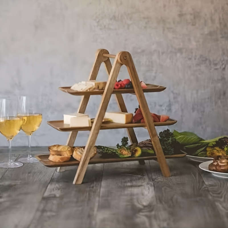 3-Tier Wooden Serving Tray Acacia Hardwood No Power Required Kitchen Organizer Buffet Displ