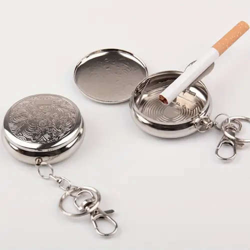 Stainless Steel Round Ashtray With Key Ring No Battery Required Color Sent Randomly