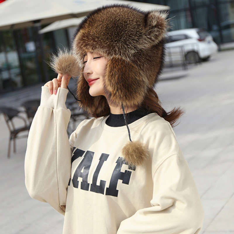 Thick Faux Fur Pilot Hat Warm Coldproof Trapper Hat With Ear Flap Ski Hat Cute With Tail Ha