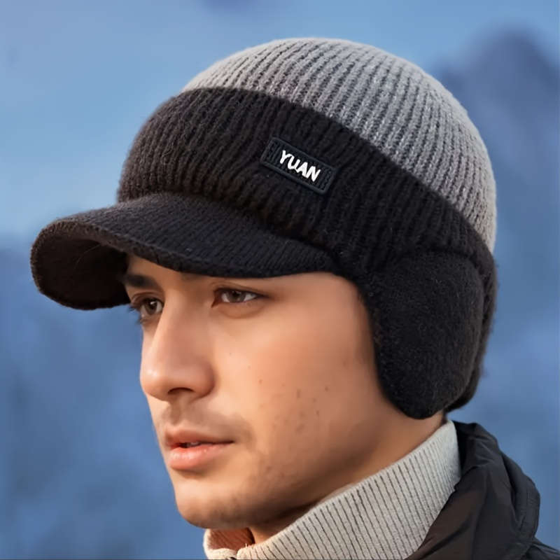1pc Men'S Winter Ear-Protecting Knitted Cap with Fleece Warm Duckbill Hat for Outdoor Youth Cyclin