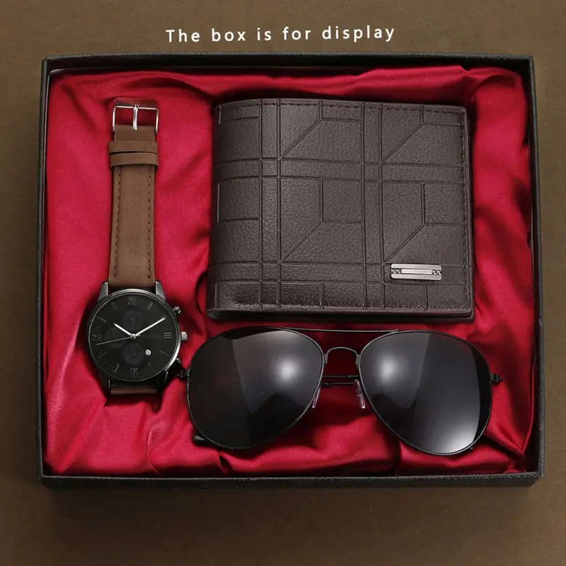 3pcs Men'S Gift Set Business Style Faux Leather Wallet Striped Pattern Hand Washable with Glasses an