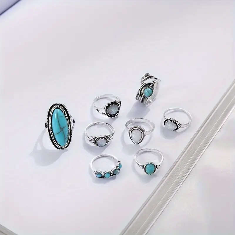 8pcs Vintage Boho Turquoise Mosaic Alloy Ring Set