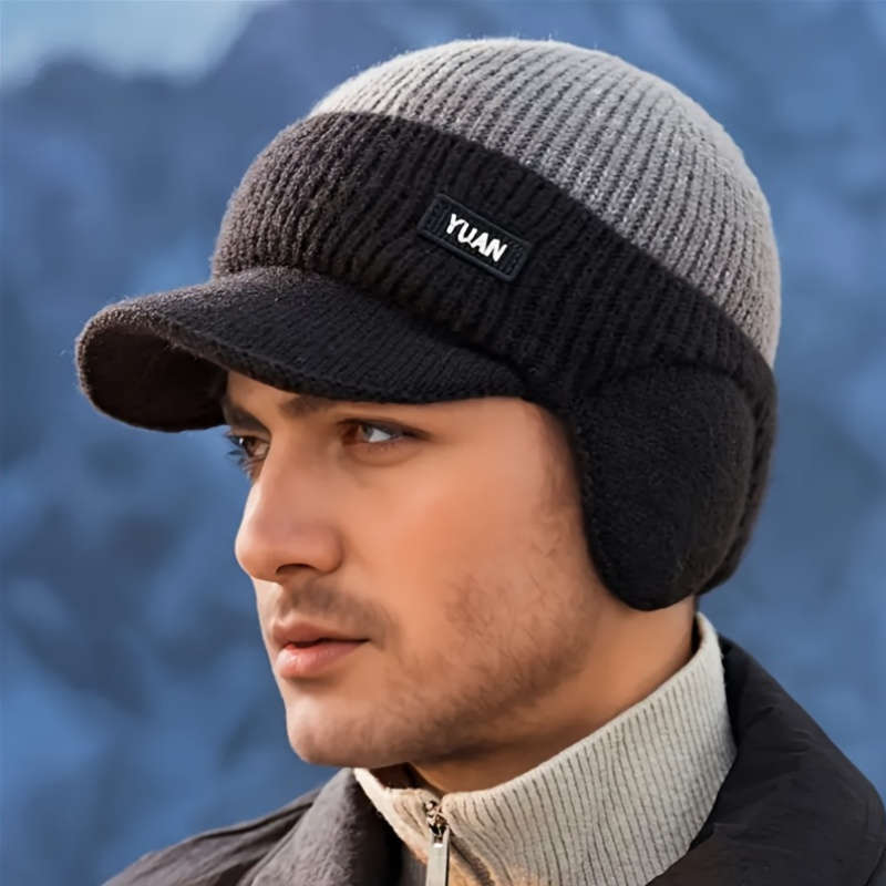 1pc Men'S Winter Ear-Protecting Knitted Cap with Fleece Warm Duckbill Hat for Outdoor Youth Cyclin