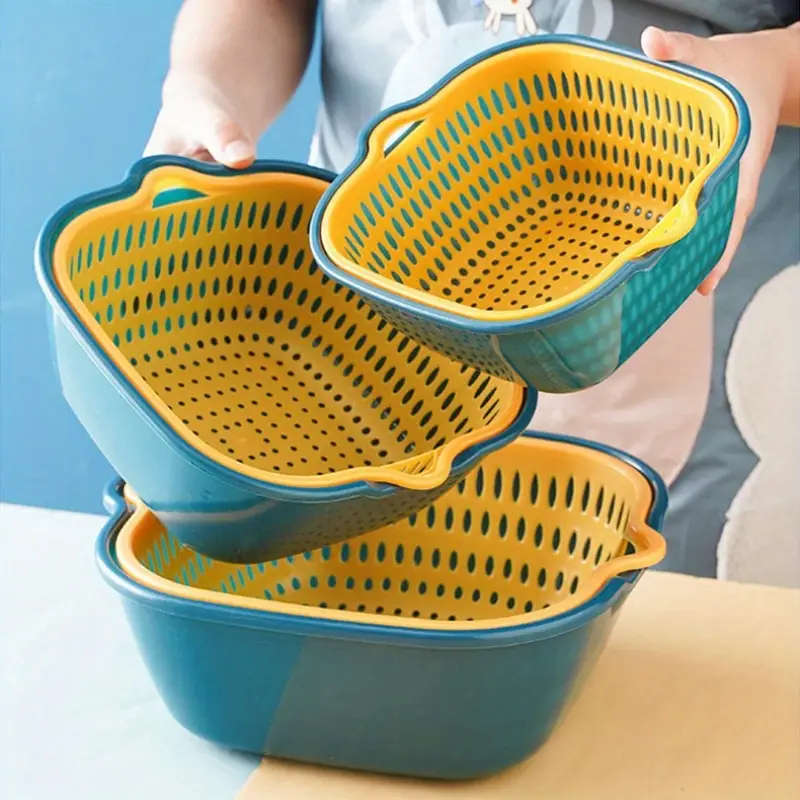 6 Piece Plastic Colander Set Double-Layer Drain Basket Reusable Kitchen Strainers for Rinsing Fruits