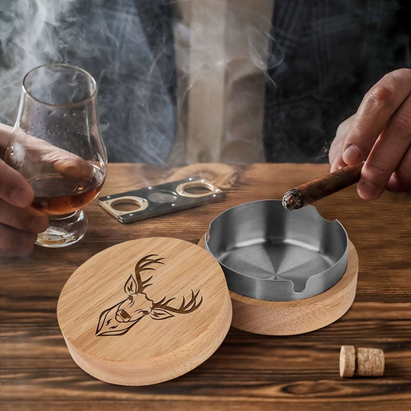 1 Oak Deer Head Pattern Ashtray Creative Fly Ash Ashtray With Lid Home Office Car Wooden Asht