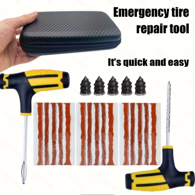 22Piece Car Tire Repair Kit with Emergency Puncture Repair Tools Plug Strips and Stirring Glue Quick