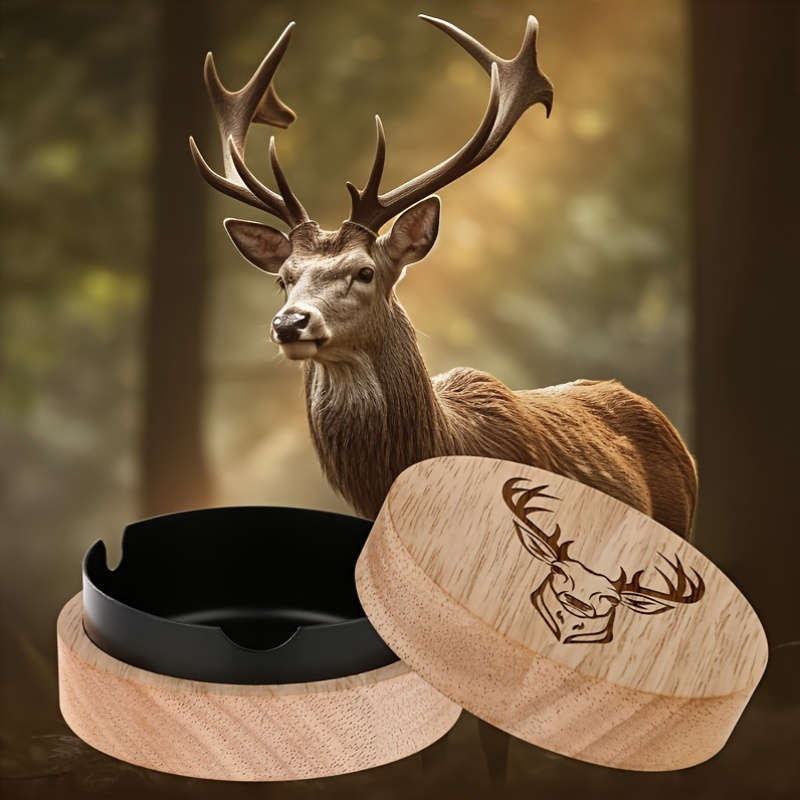 1 Oak Deer Head Pattern Ashtray Creative Fly Ash Ashtray With Lid Home Office Car Wooden Asht