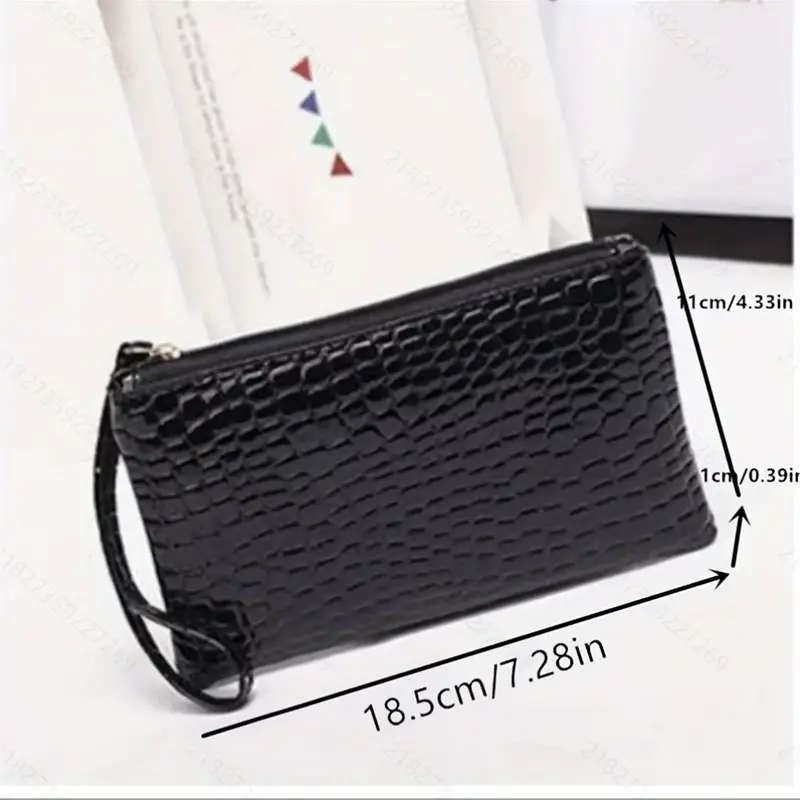 Women's Faux Leather Coin Purse, Clutch Wristlet with Crocodile Pattern
