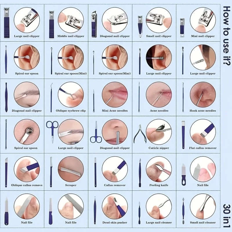 30Pcs Modern Manicure Set Stainless Steel Nail Clippers Scissors Grooming Tools