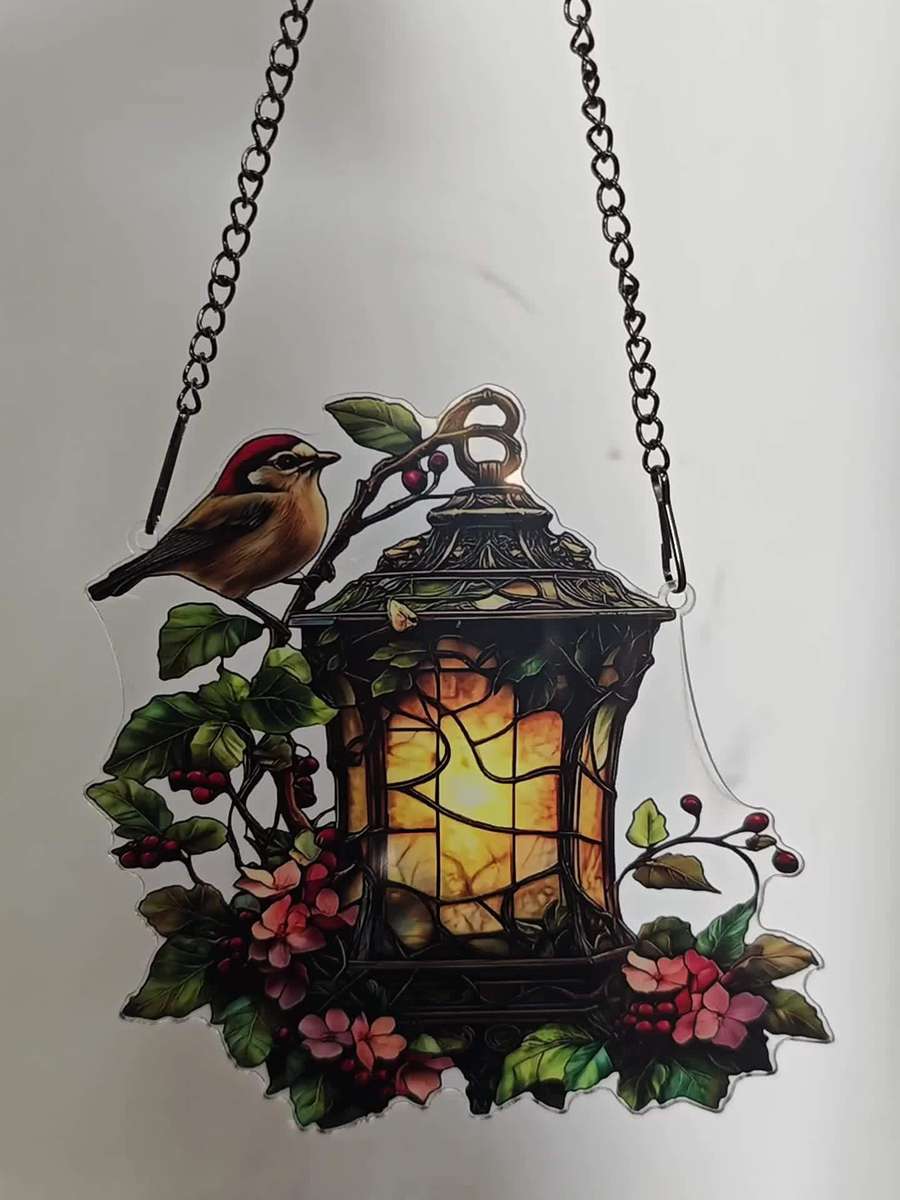 2D Flat Charming Bird And Lantern Colorful Acrylic Pendant 5.9X5.9 Acrylic Garden-Them