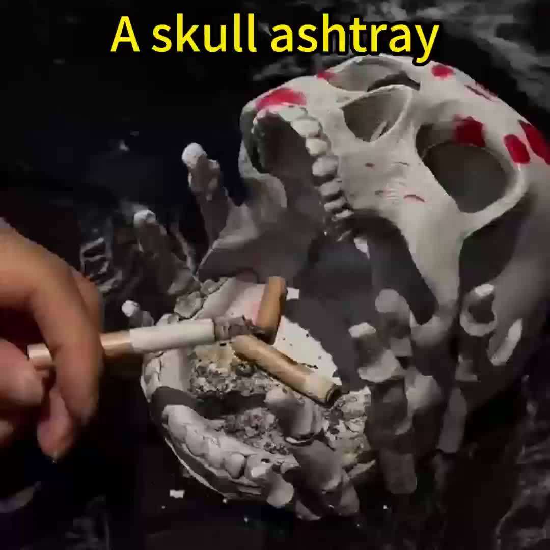 1pc Gothic Human Skull Ashtray with Reddish-Brown Splatter Design C Resin Unique Irregular Shape