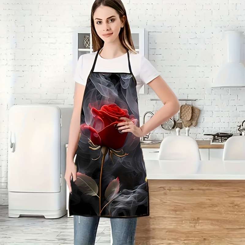 1pc Elegant Red Rose Pattern Polyester Apron Colorful Printed Sleeveless Kitchen Bib with Vib