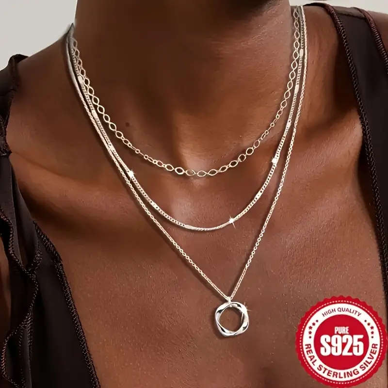 Boho-Chic 925 Sterling Silver Layered Necklace with Round Pendant