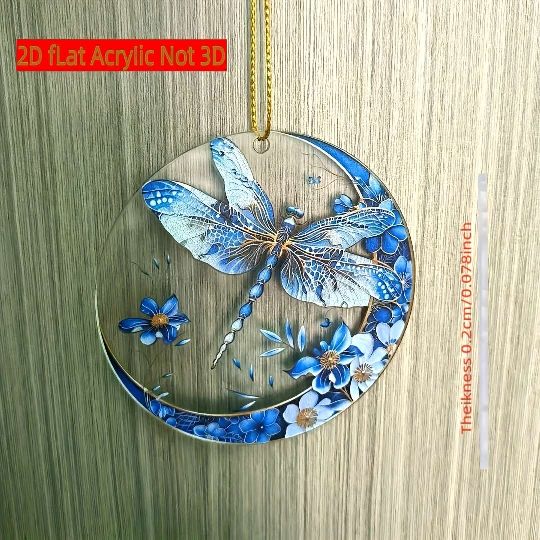 1pc 2D Flat  7.62cm Bohemian Acrylic Dragonfly Sun Catcher with Blue and White Porcelain Design I