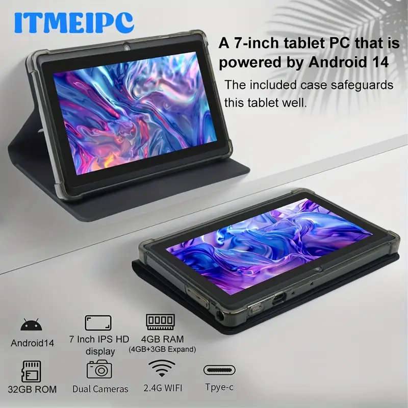 7" IPS HD Android 14 Tablet (4GB + 32GB ROM)