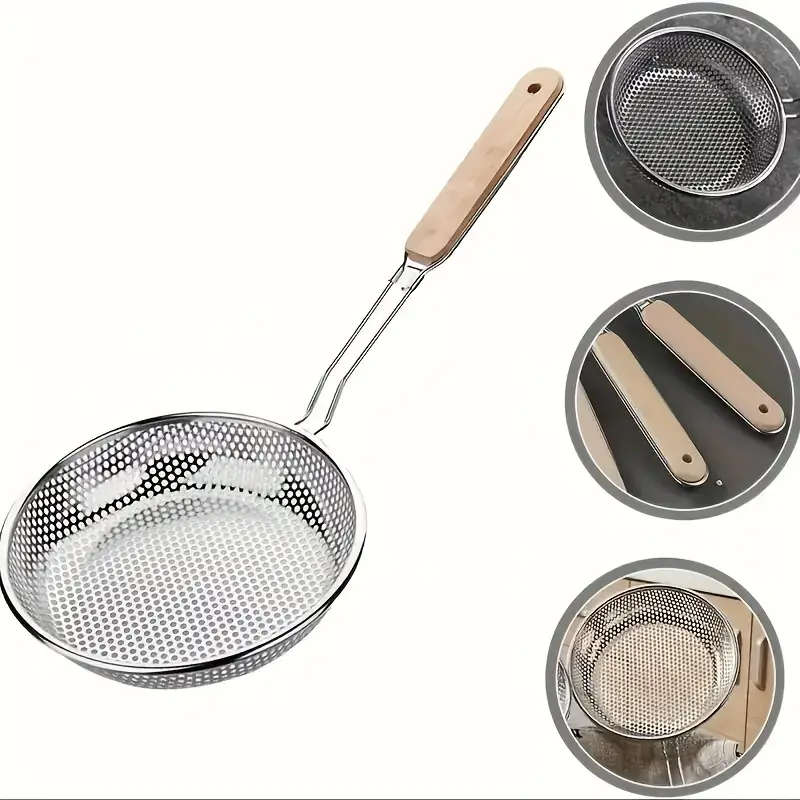 1pc Premium Stainless Steel Colander with Wooden Handle Fine Mesh Skimmer Spoon