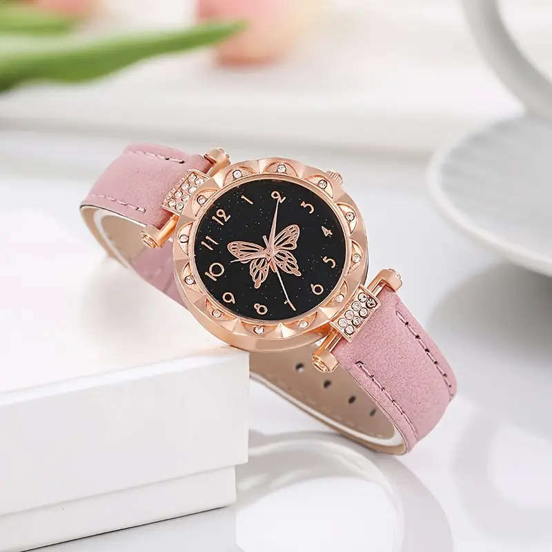 6pc Pink Butterfly Elements Quartz Wrist Watch