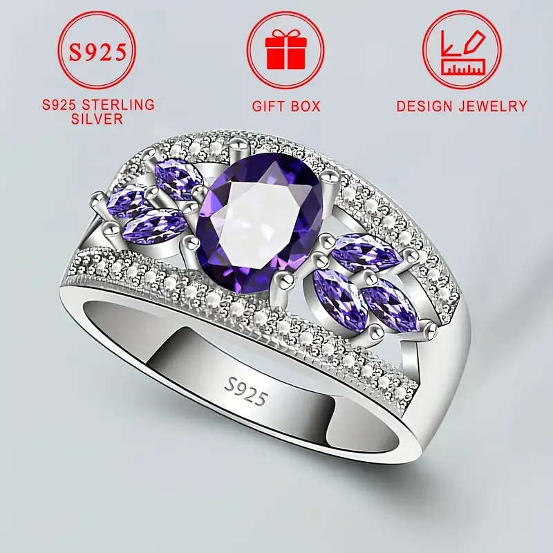 925 Pure Silver Ring, Set with Sparkling Purple Cubic Zirconia