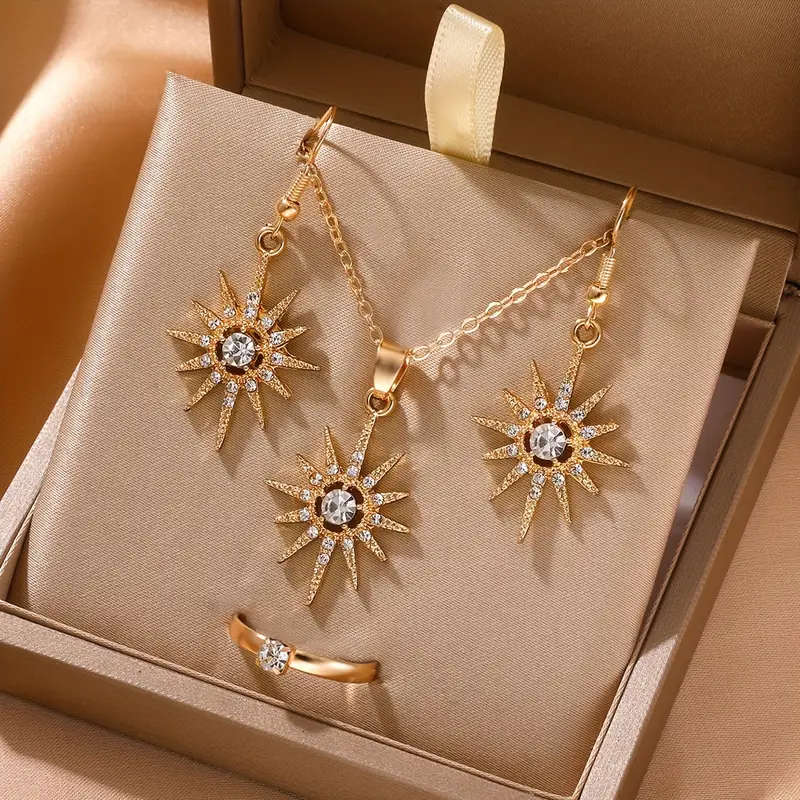Elegant 4 pieces Sun Pendant Jewelry Set with Luxurious Rhinestones
