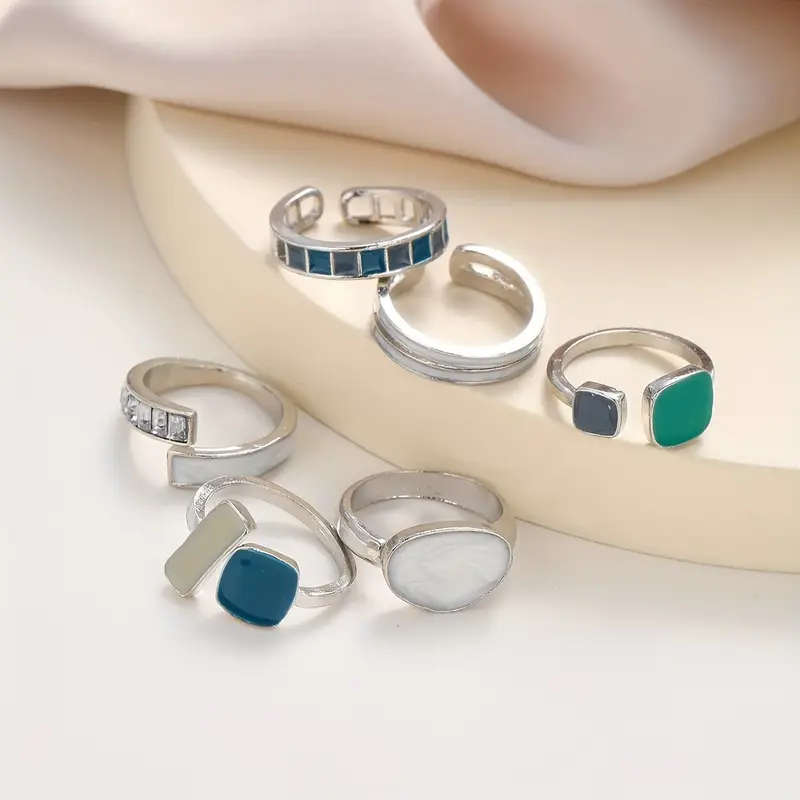 6-Piece Vintage Style Faux Emerald & Enamel Open Ring Set