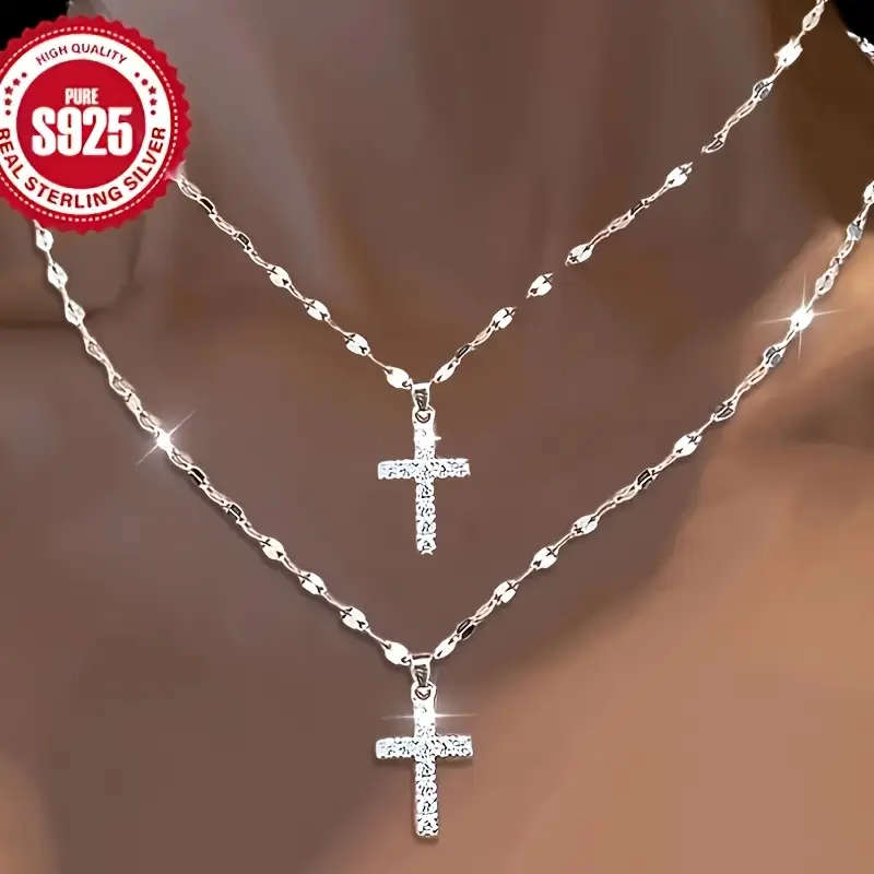 2 Piece 925 Silver Lip-Shaped Necklace with Cross Pendant
