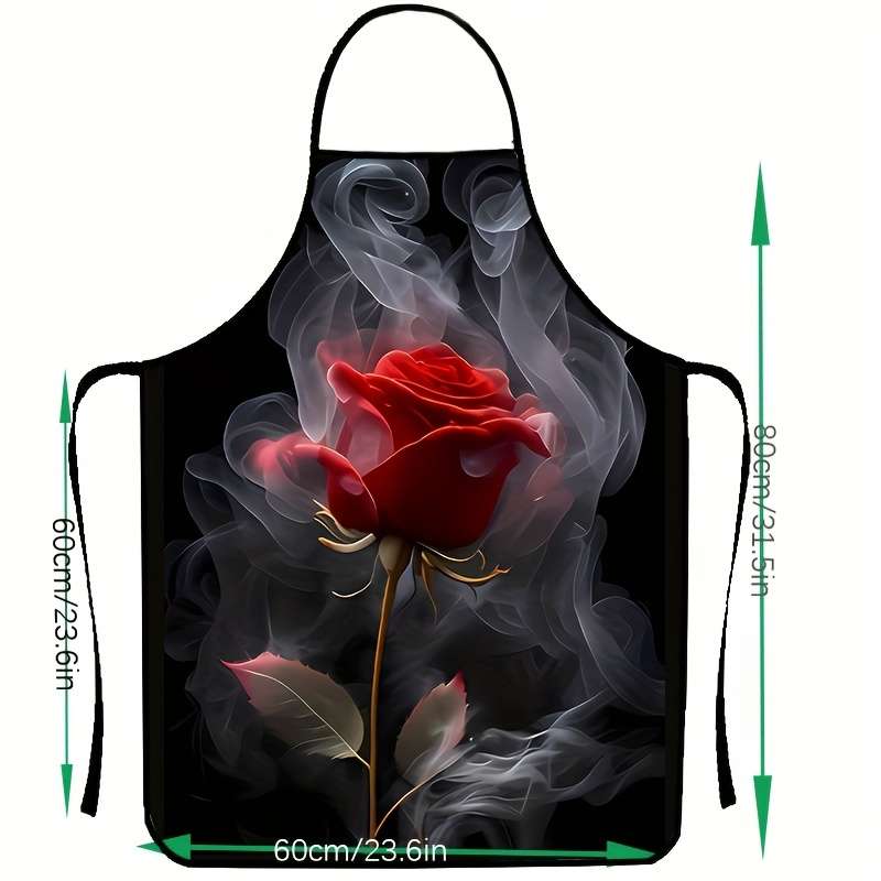 1pc Elegant Red Rose Pattern Polyester Apron Colorful Printed Sleeveless Kitchen Bib with Vib
