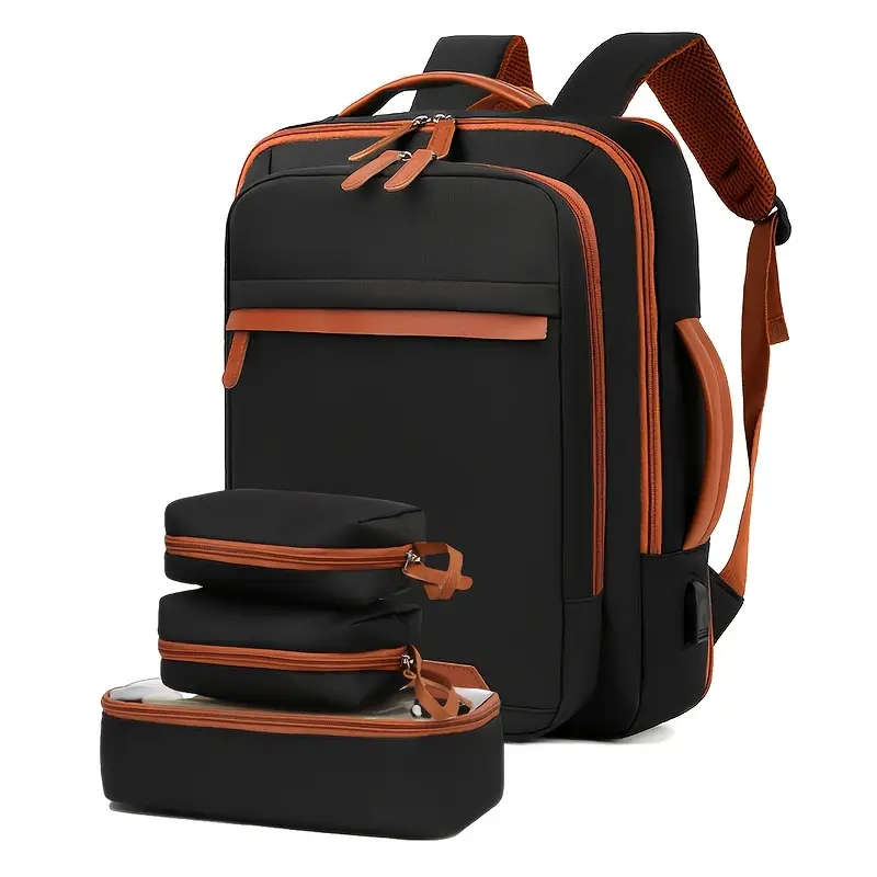 4pcs Set Expandable Nylon Business Backpack Solid Color Waterproof Zipper Closure