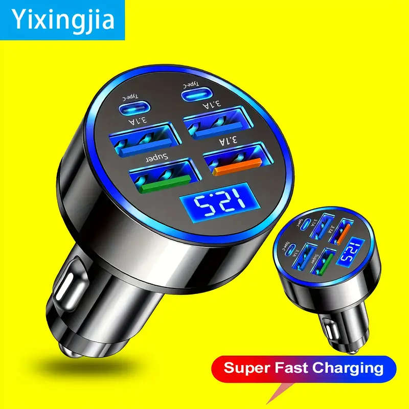 6 in 1 Car Charger with Digital Display 3.1A Multi-Function Fast Charge QC3.0 Compatible Car Plug