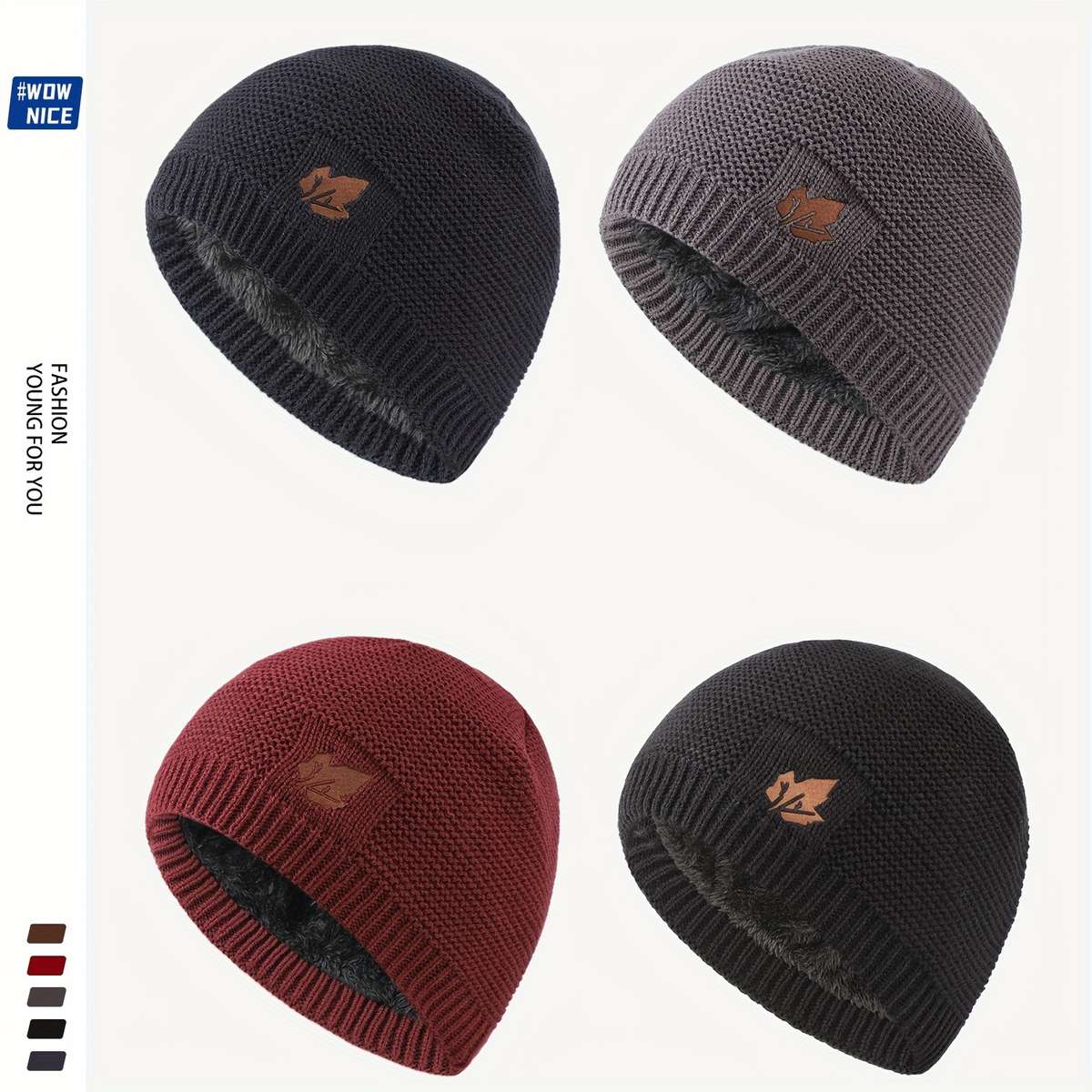 Knit Beanie with Fleece Lining Warm Windproof Acrylic Skull Cap