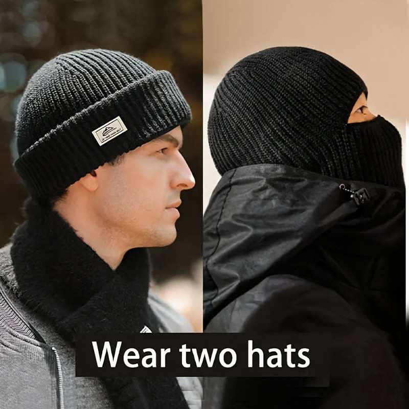 1pc 2-in-1 Polyester Knit Balaclava Beanie Hat with Windproof Face Mask Casual Style 90% Polyest