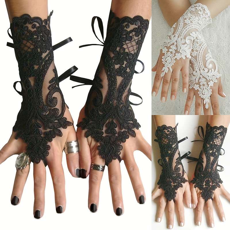 1 Pair White Bridal Lace Fingerless Gloves