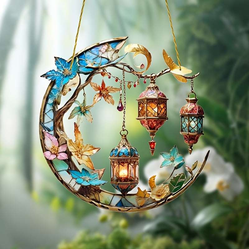 2D Flat Art Deco Acrylic Whimsical Moon Sun Catcher Hanging Decoration Vibrant Floral