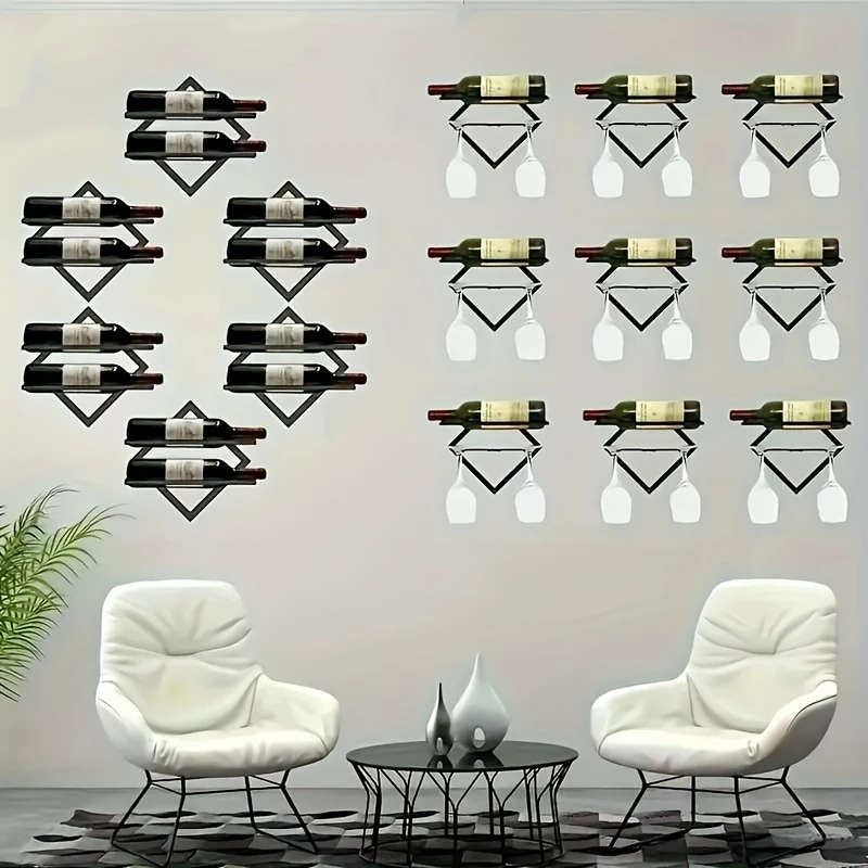 1pc Industrial Wall-Mounted Wine Rack with Stemware Holder Durable Iron Construction Space-Saving De