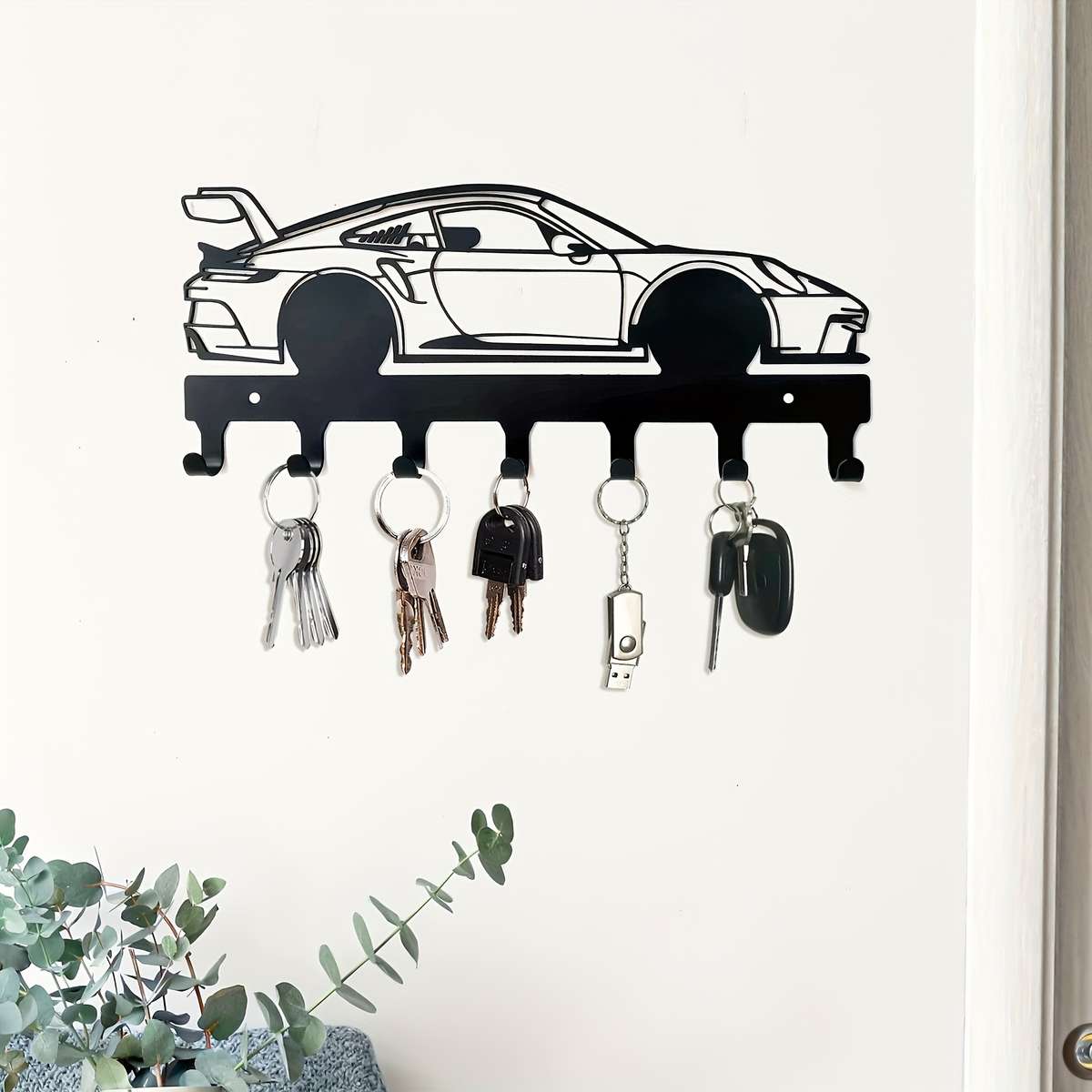 Black Metal Car Key Holder with 4 HooksStylish Sports Car Design for Keys Coats Towels Hats a