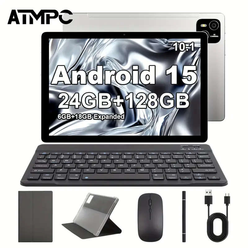 10.1" Android 15 24/128GB Tablet with Keyboard & Case