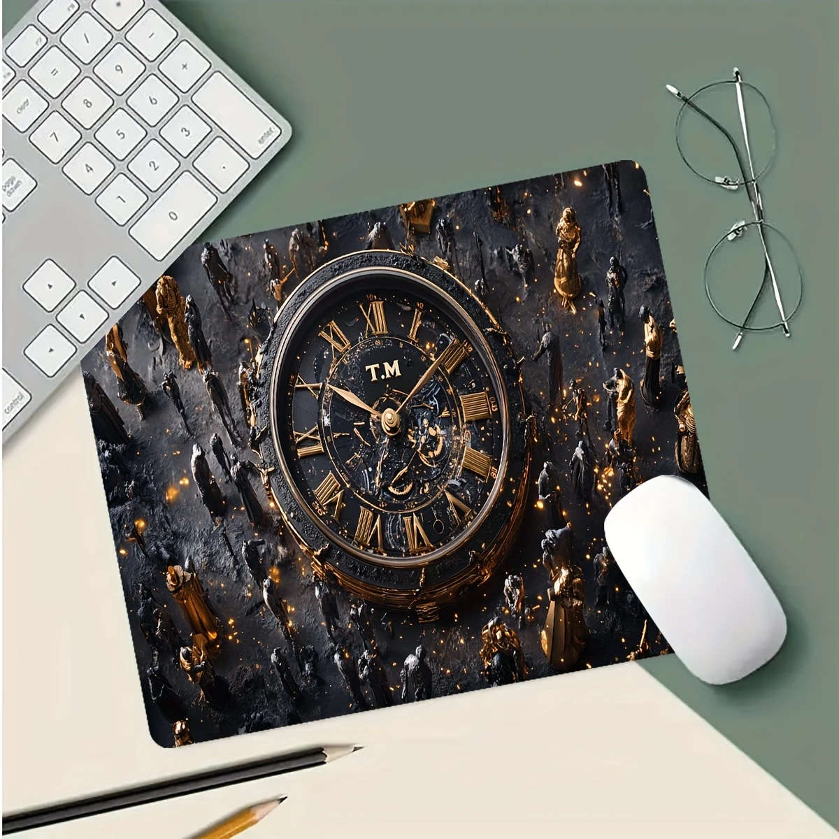 1pc 21x26cm Luxurious Black And Golden Mechanical Clock Pattern Mouse Pad