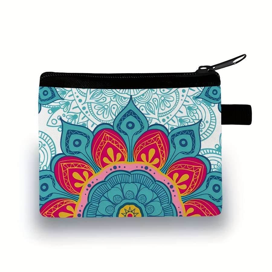 Stylish Mandala Print Zipper Pouch Lightweight Durable Polyester Coin Purse With Vibrant Flor