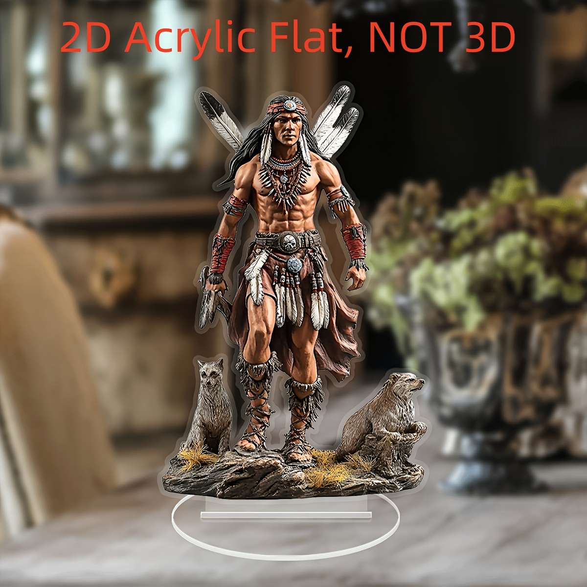 2D Flat Bohemian Style Acrylic Statue Native American Chief Wolf Scene Vintage Desk De