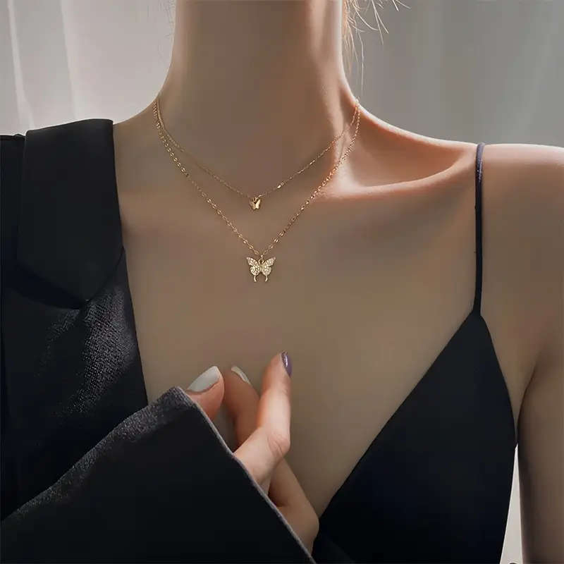 Genuine Stainless Steel Necklace Double-Layer Butterfly
