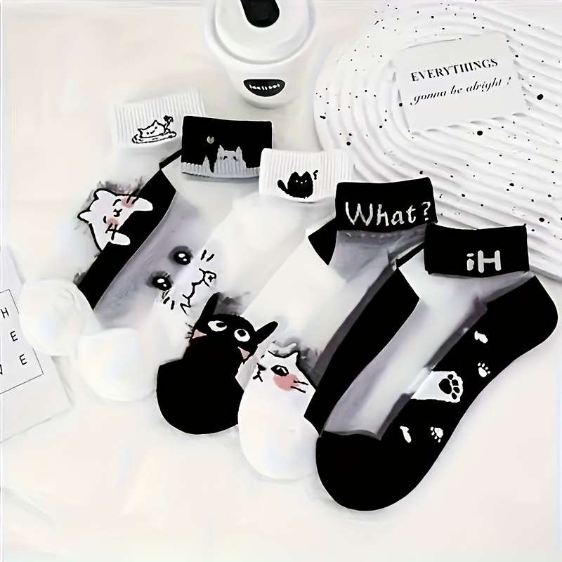 5 Pairs Black And White Cat A One Size High Elastic Socks