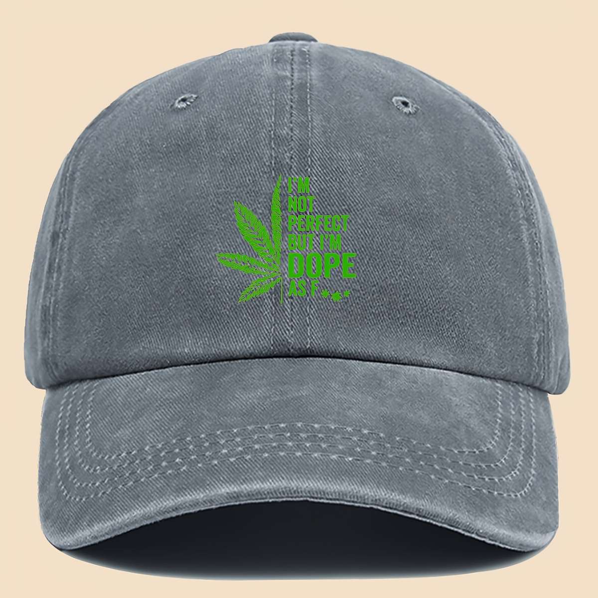 Stylish Black Baseball Cap with Green Leaf and I'M NOT PERFECT DOPPE Print Breathable