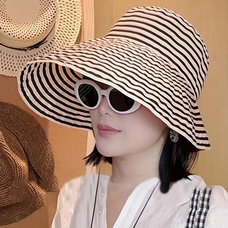 Black White Striped Wide Brim Bucket Hat Lightweight Breathable Sun-Protective Fisherman