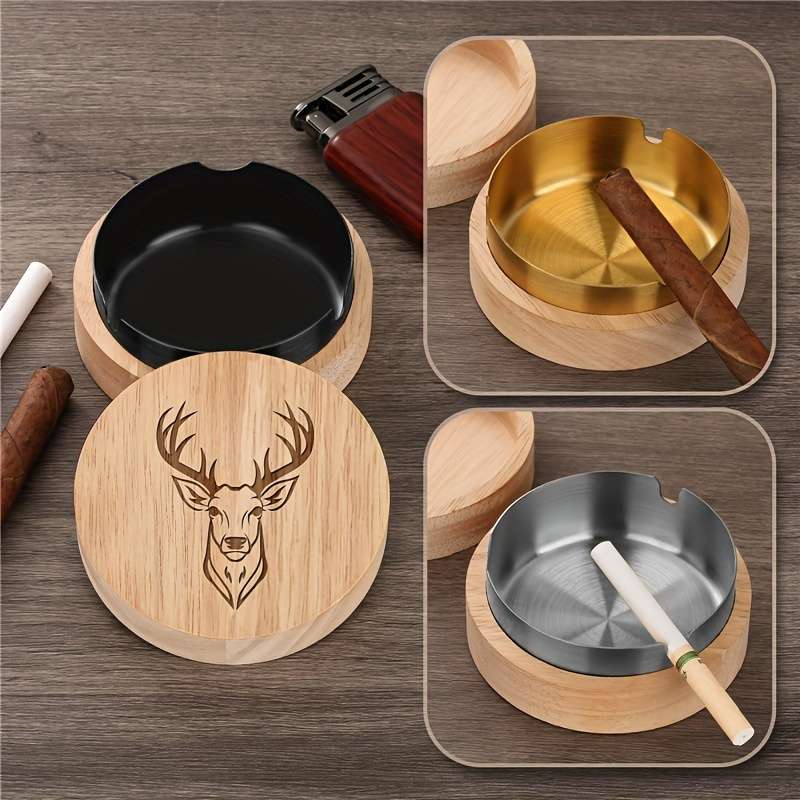 1 Oak Deer Head Pattern Ashtray Creative Fly Ash Ashtray With Lid Home Office Car Wooden Asht