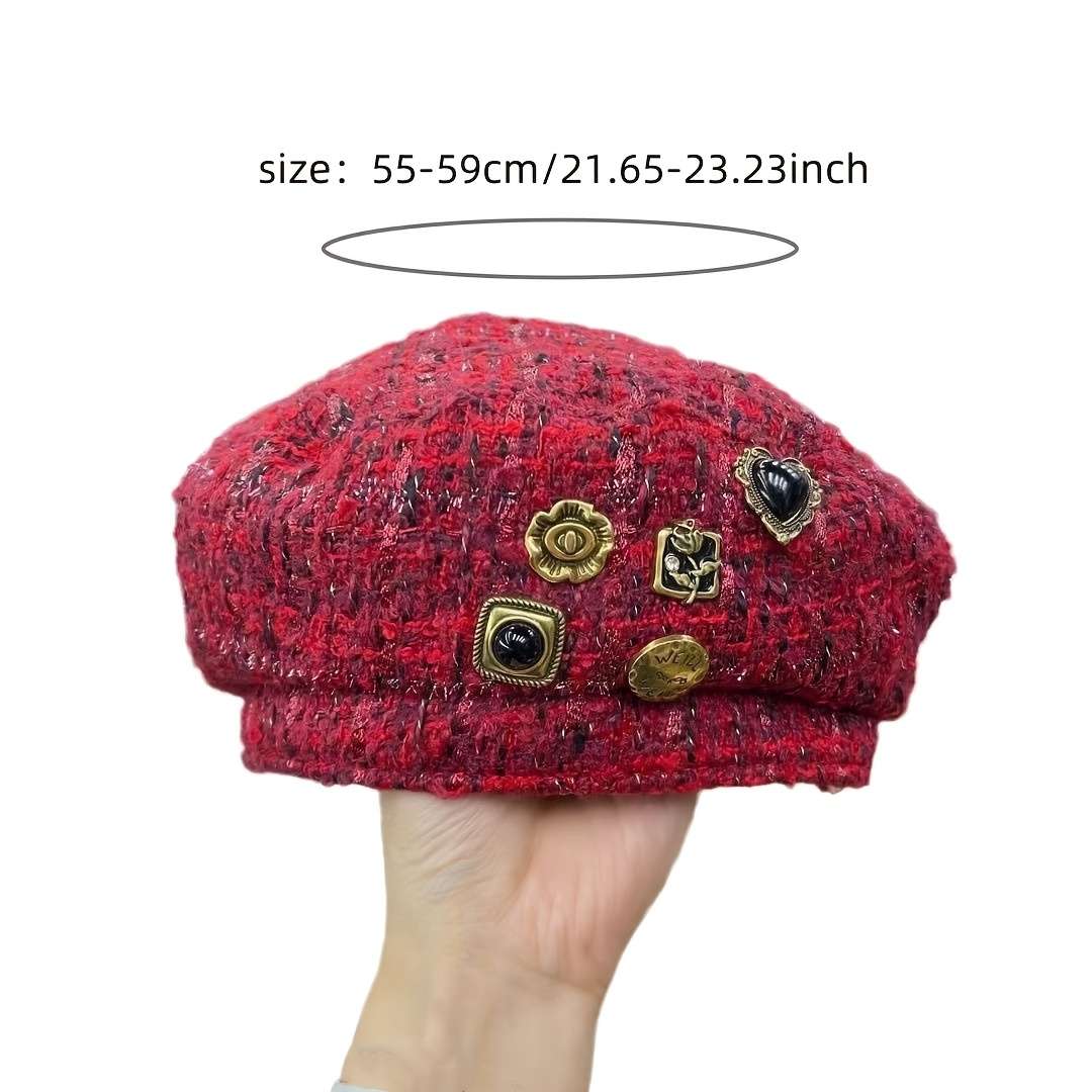 1pc Elegant Women'S Beret Hat with Decorative Badges Polyester Stripe Craftsmanship Packable I