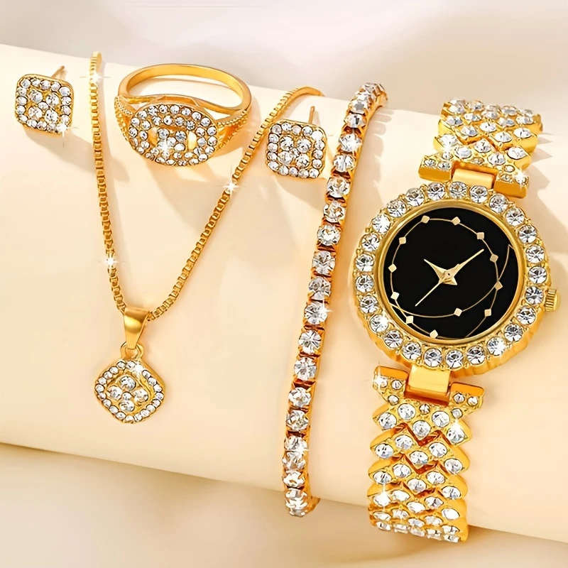 6pcs set Elegant Women's Quartz Wrist Watch Set with Simple Round Alloy Case Rhinestone Accents Poin