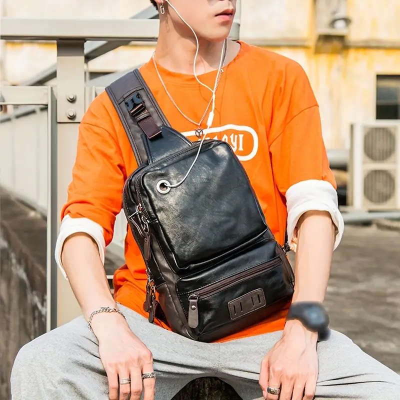 Men's Large Capacity Chest Backpack Retro Multi-layer Slant Shoulder Bag With Earphone Cables Hole
