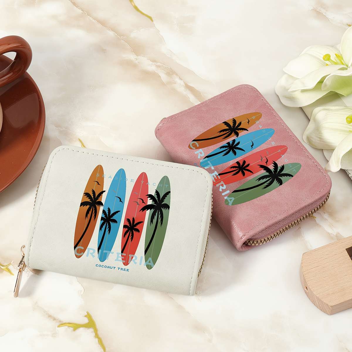 Tropical Print Women'S Compact Wallet Stylish Zippered Clutch
