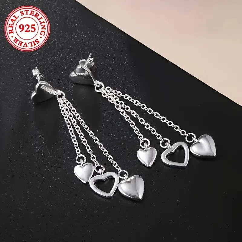 925 Sterling Silver Tassel Heart Pendant Earrings